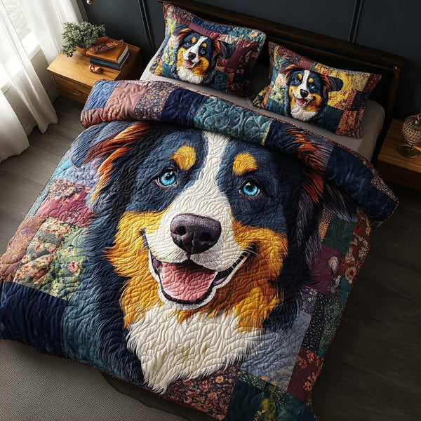 Wagging Down Under quilted 3-piece bedding set on a made bed with two matching pillow shams