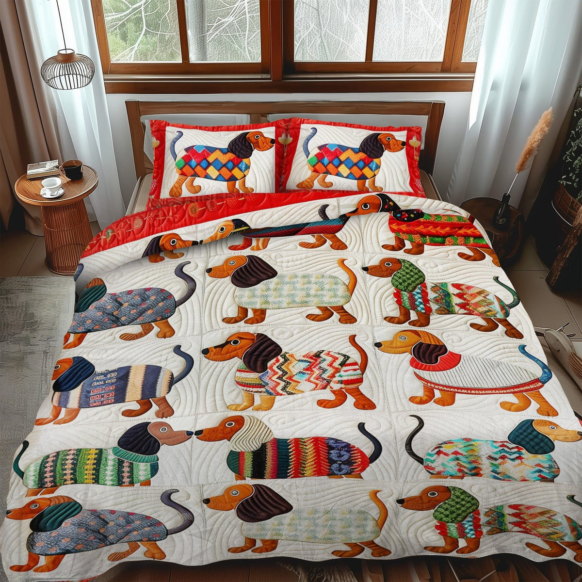 Wagging Tails 3-Piece Quilted Bedding quilted 3-piece bedding set on a made bed with two matching pillow shams