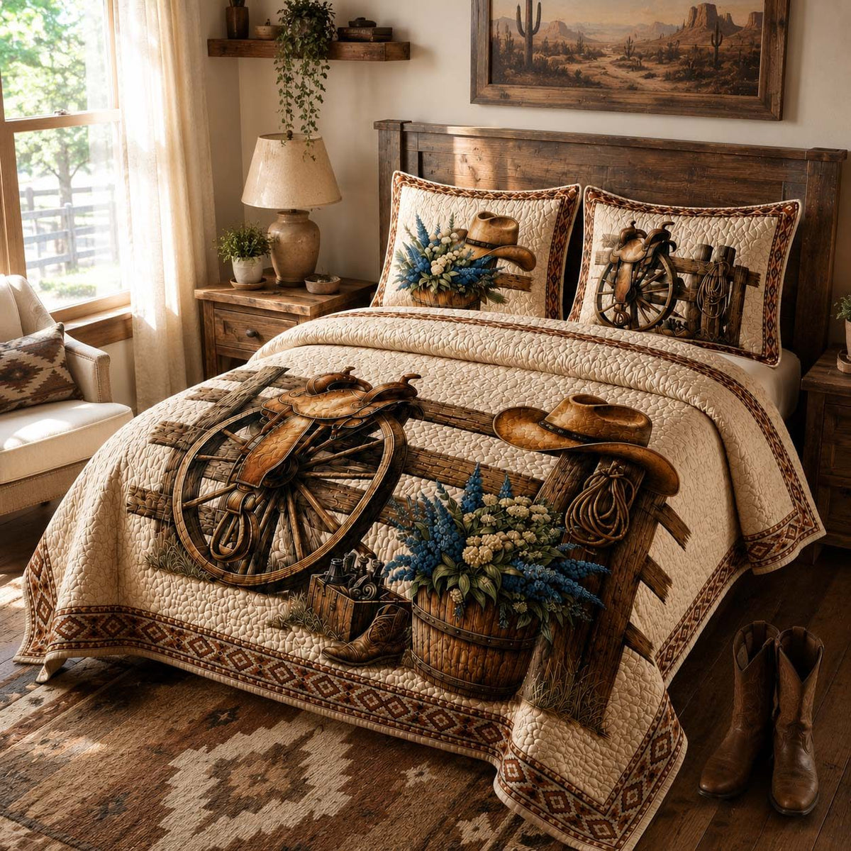Wagon Trail quilted 3-piece bedding set on a made bed with two matching pillow shams