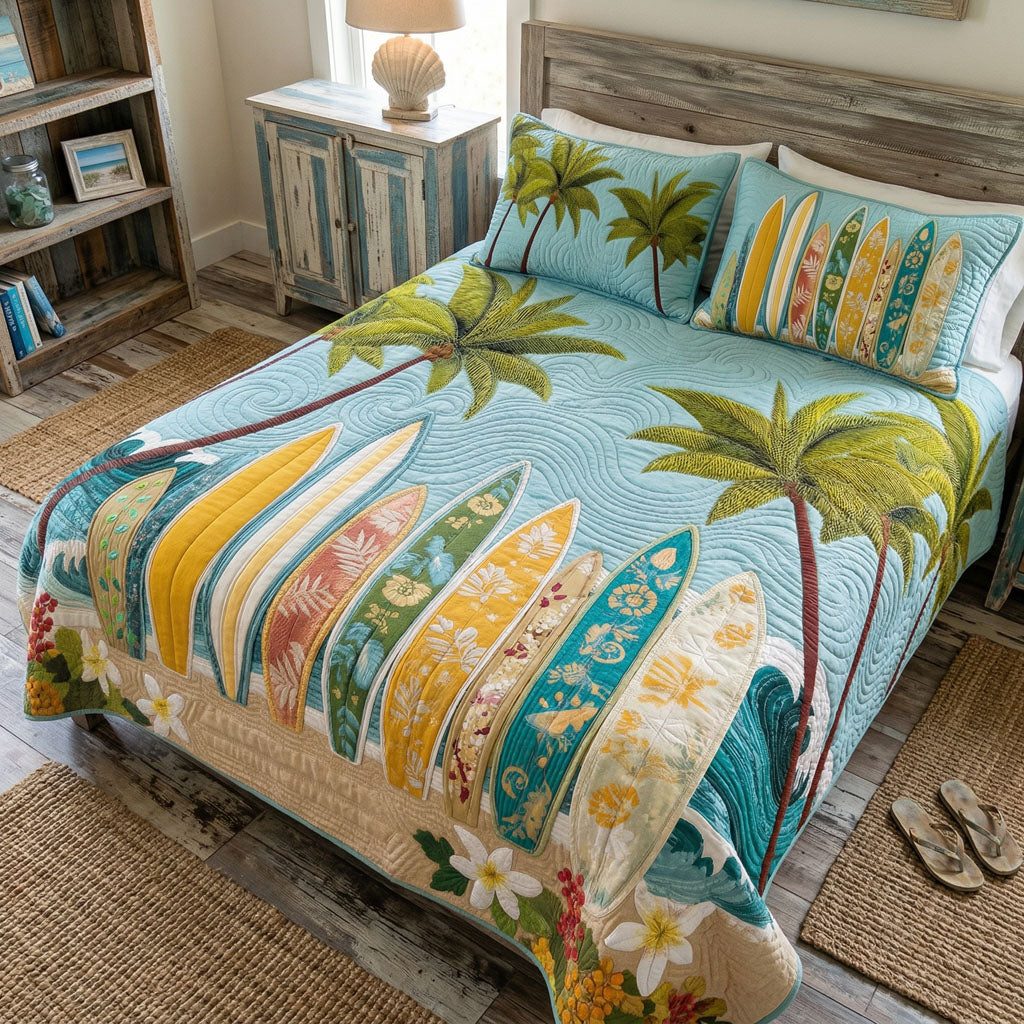 Waikiki Morning quilted 3-piece bedding set on a made bed with two matching pillow shams