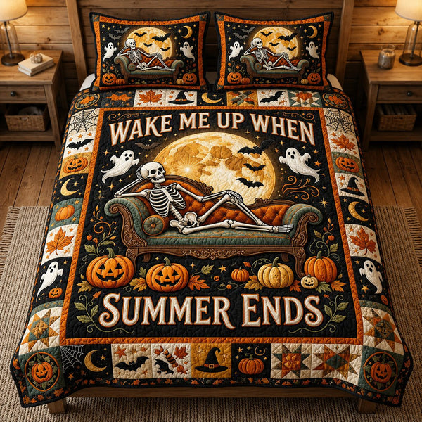 Wake Me Up When Summer Ends quilted 3-piece bedding set on a made bed with two matching pillow shams