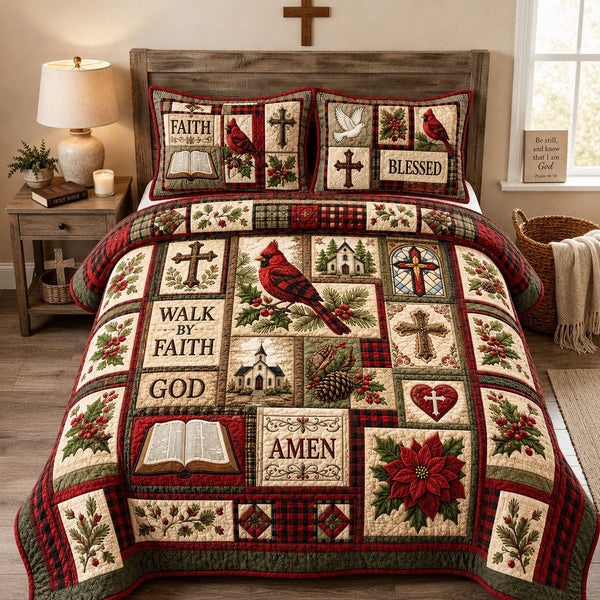 Walk By Faith Cardinals Heritage quilted 3-piece bedding set on a made bed in a softly lit bedroom