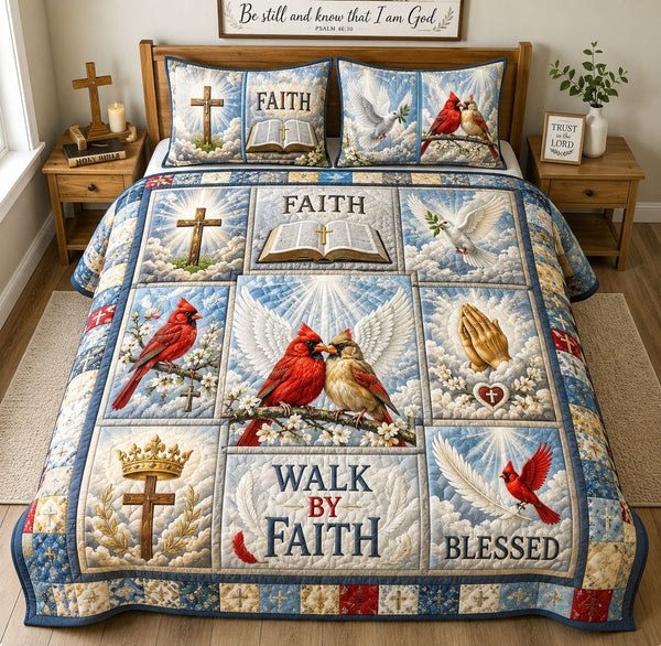 Walk By Faith Heavenly Cardinals quilted 3-piece bedding set on a made bed in a softly lit bedroom