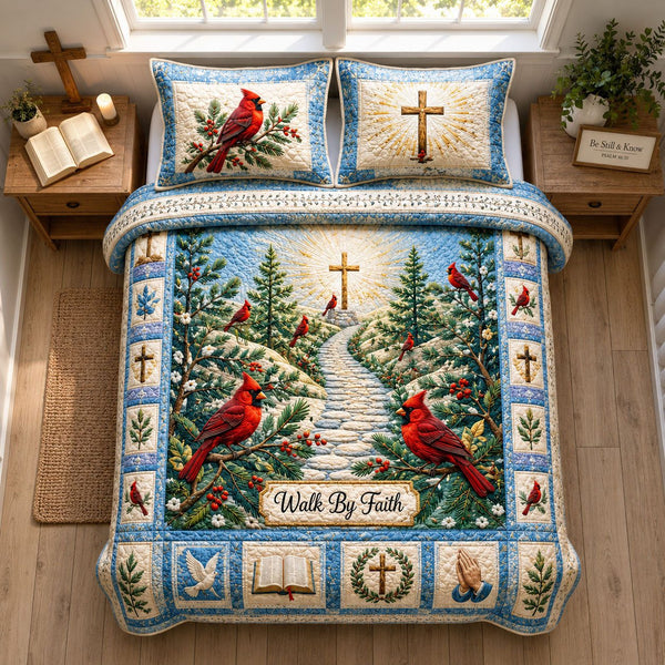 Walk by Faith Heavenly Path quilted 3-piece bedding set on a made bed in a softly lit bedroom