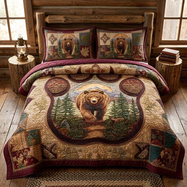 Walking Bear quilted 3-piece bedding set on a made bed with two matching pillow shams