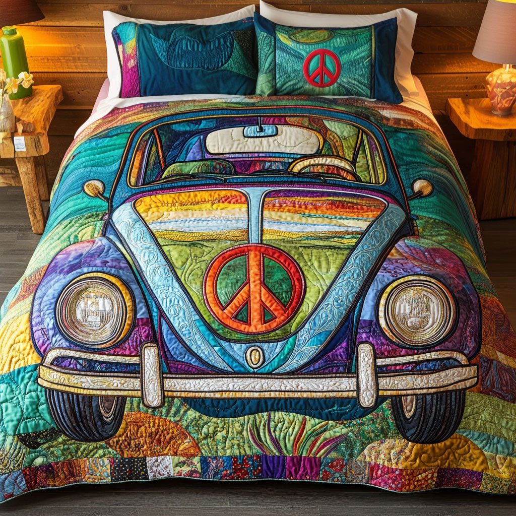 Wander Bug quilted 3-piece bedding set on a made bed with two matching pillow shams