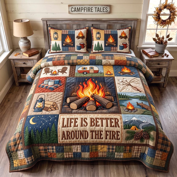 Wander Home quilted 3-piece bedding set on a made bed with two matching pillow shams