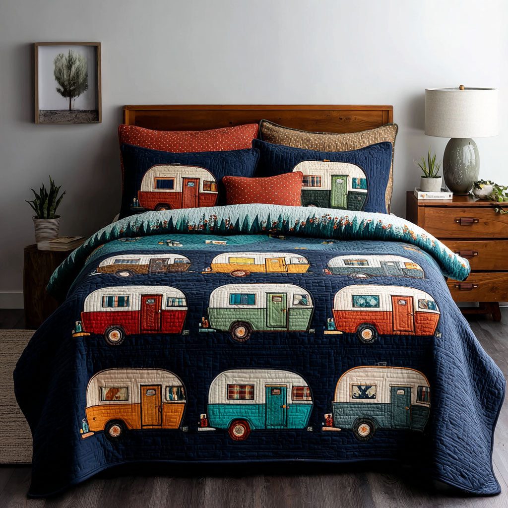 Wander Home quilted 3-piece bedding set on a made bed with two matching pillow shams