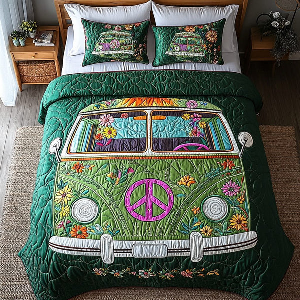 Wander Van quilted 3-piece bedding set on a made bed with two matching pillow shams