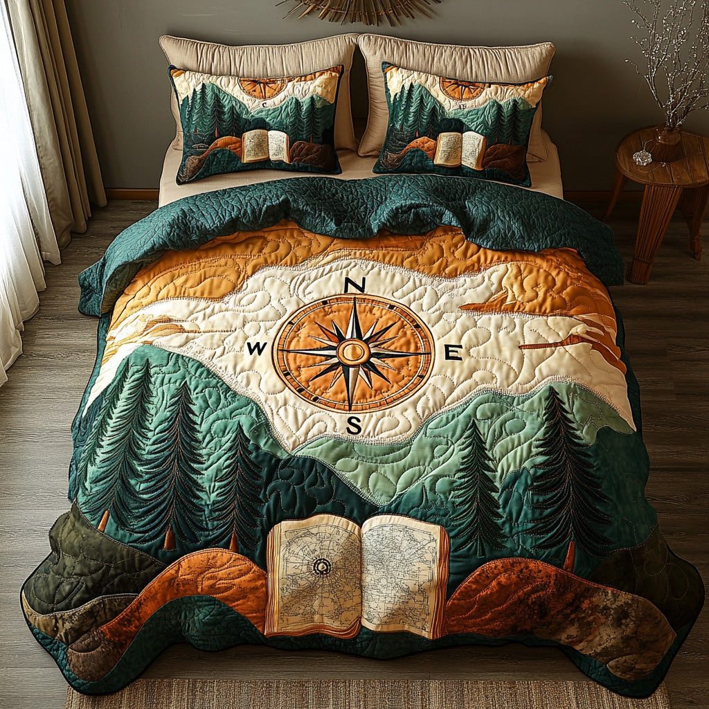 Wanderer Mark quilted 3-piece bedding set on a made bed with two matching pillow shams