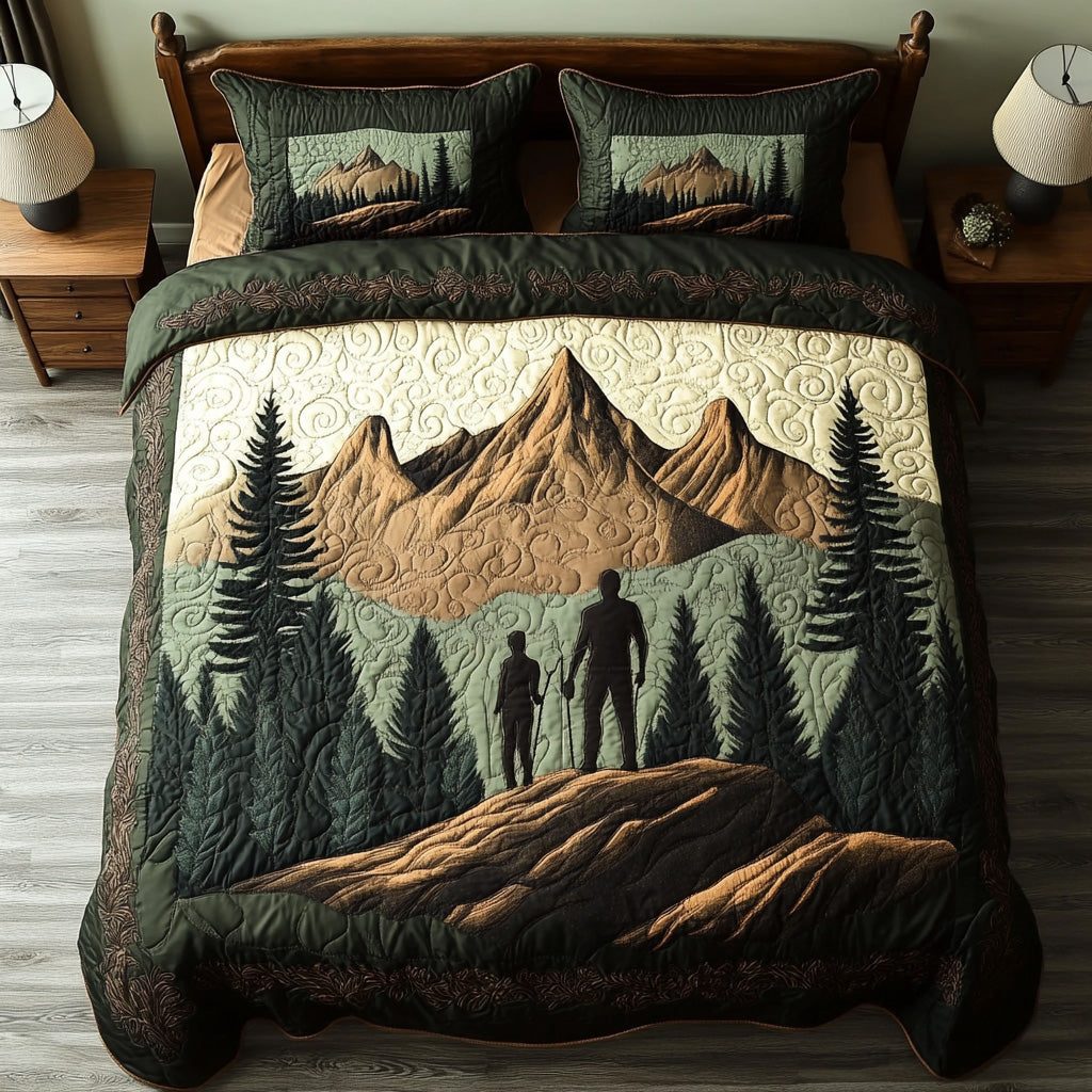 Wanderer Rest quilted 3-piece bedding set on a made bed with two matching pillow shams