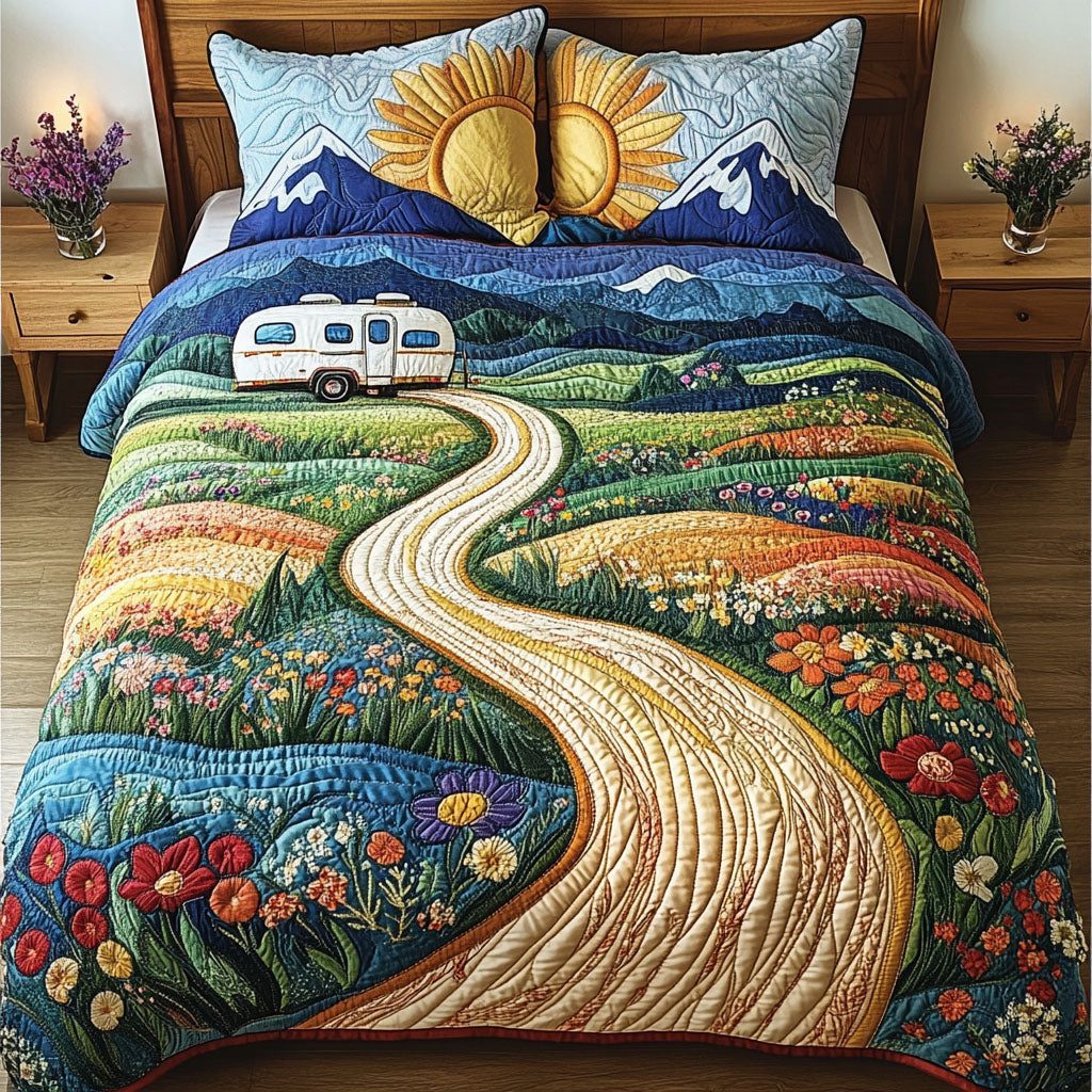 Wandering Wheels quilted 3-piece bedding set on a made bed with two matching pillow shams