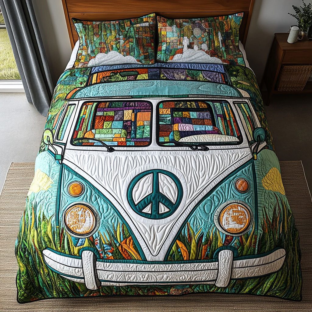 Wanderlust Cruiser quilted 3-piece bedding set on a made bed with two matching pillow shams
