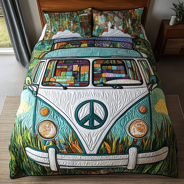 Wanderlust Cruiser quilted 3-piece bedding set on a made bed with two matching pillow shams