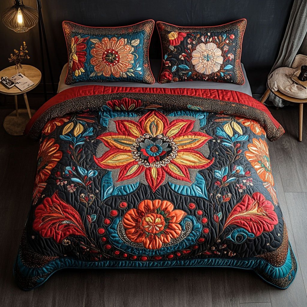 Wanderlust Dreams quilted 3-piece bedding set on a made bed with two matching pillow shams