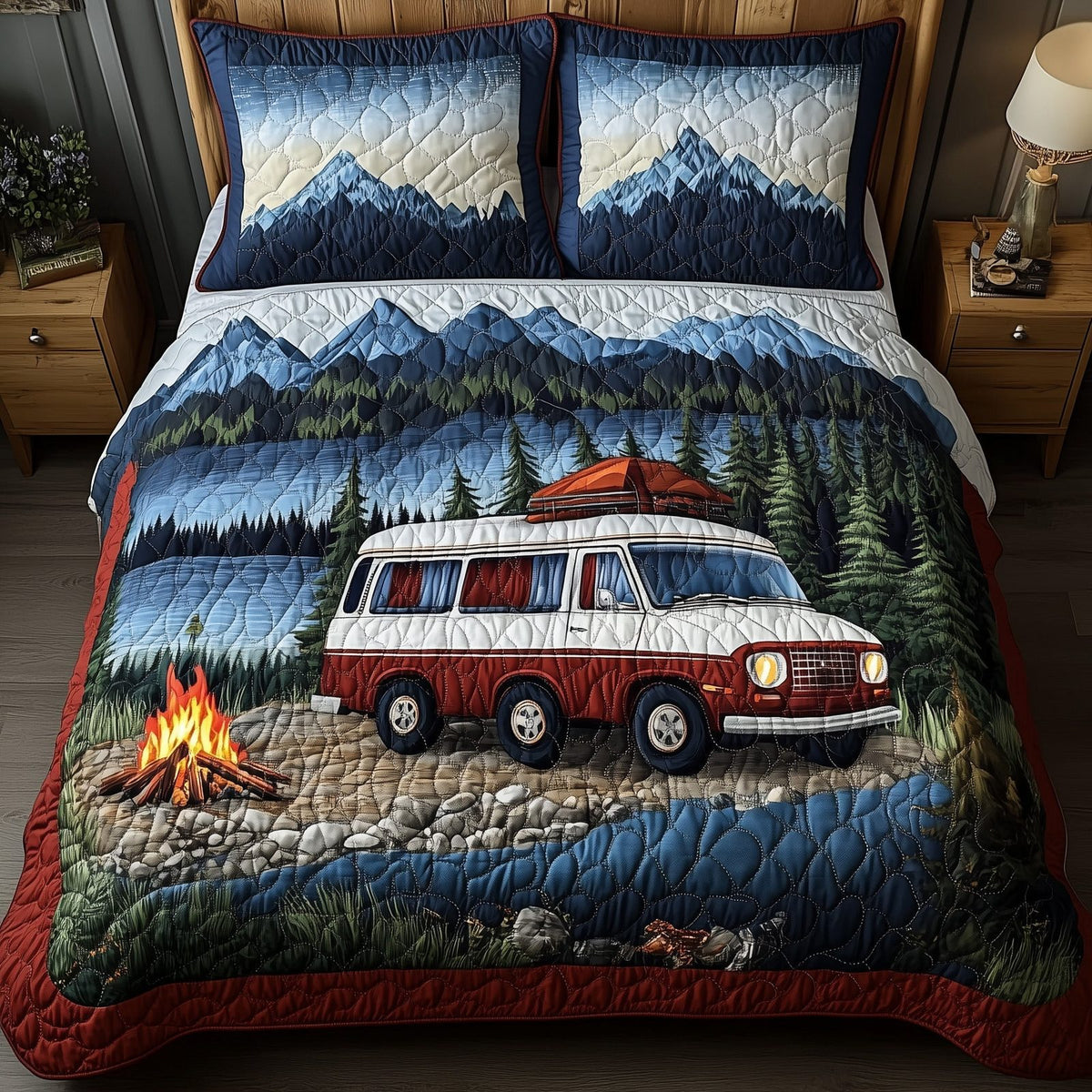 Wanderlust Retreat quilted 3-piece bedding set on a made bed with two matching pillow shams