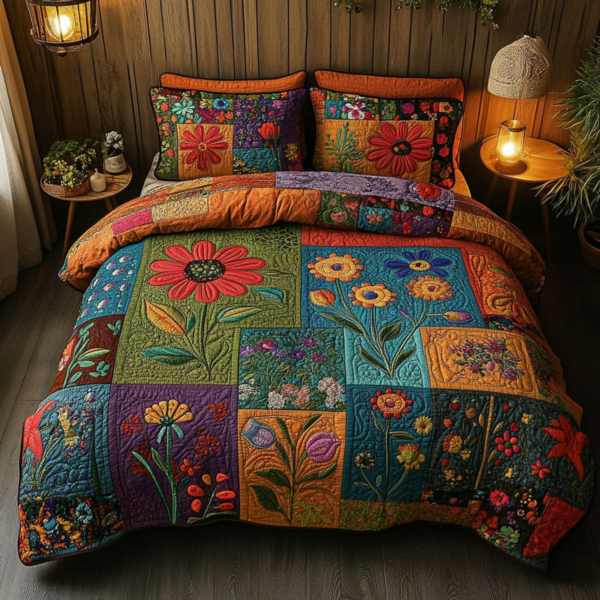 Wanderlust Spirit quilted 3-piece bedding set on a made bed with two matching pillow shams