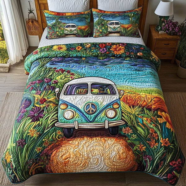 Wanderlust Van quilted 3-piece bedding set on a made bed with two matching pillow shams