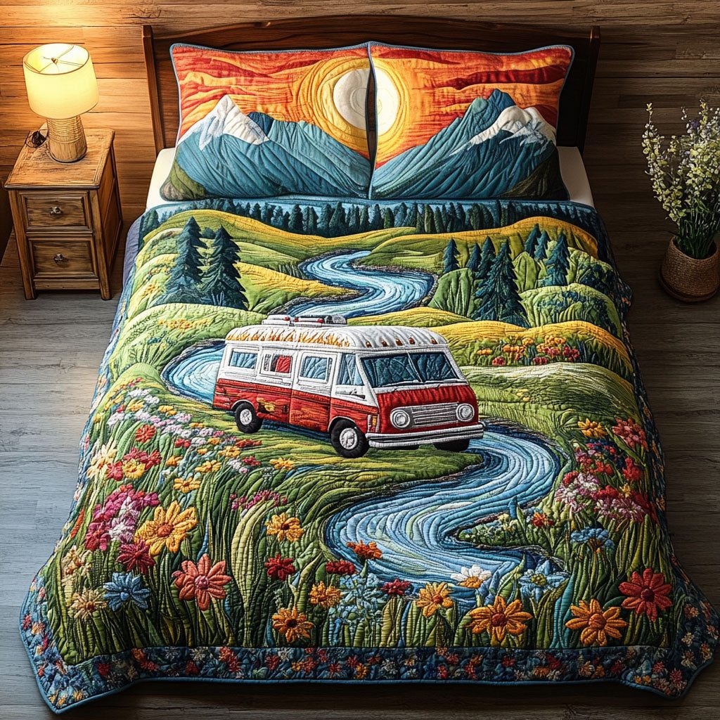 Wanderlust Vibes quilted 3-piece bedding set on a made bed with two matching pillow shams