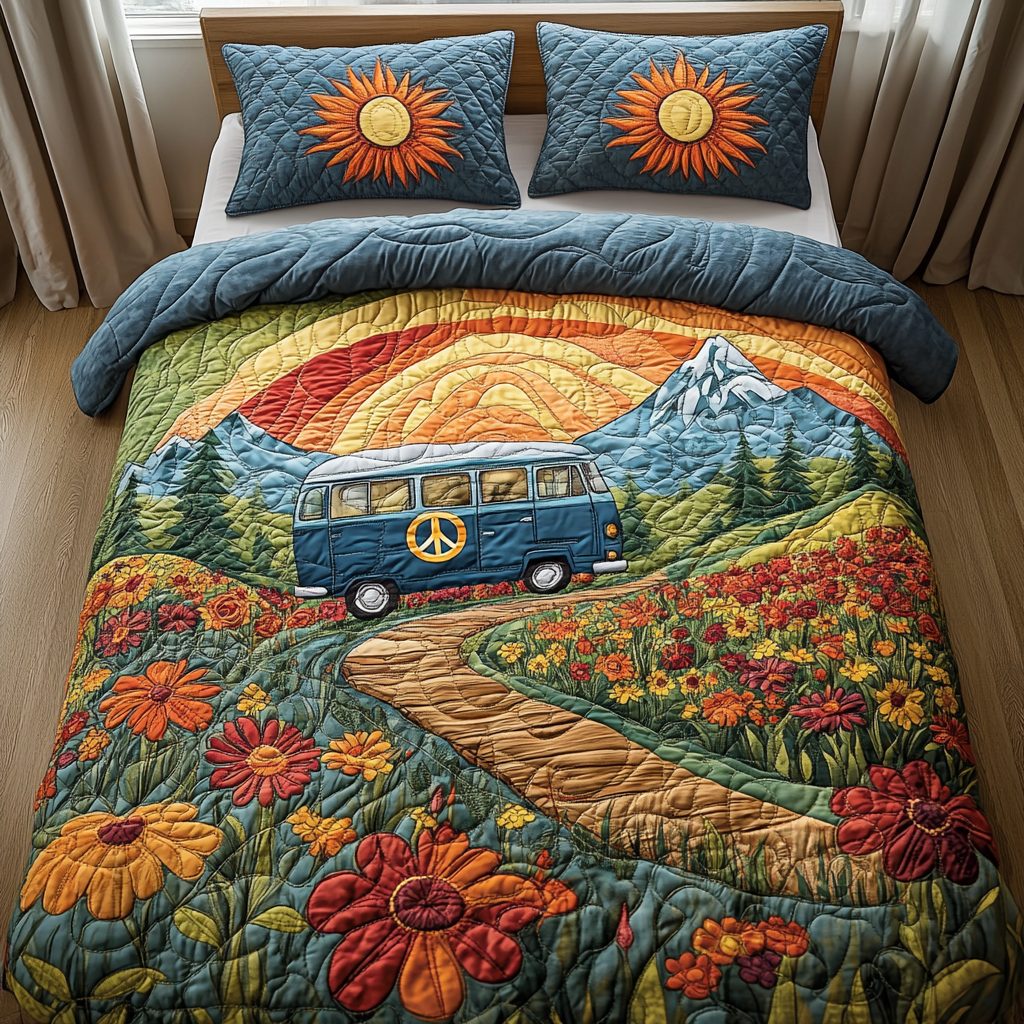 Wanderlust Wheels quilted 3-piece bedding set on a made bed with two matching pillow shams