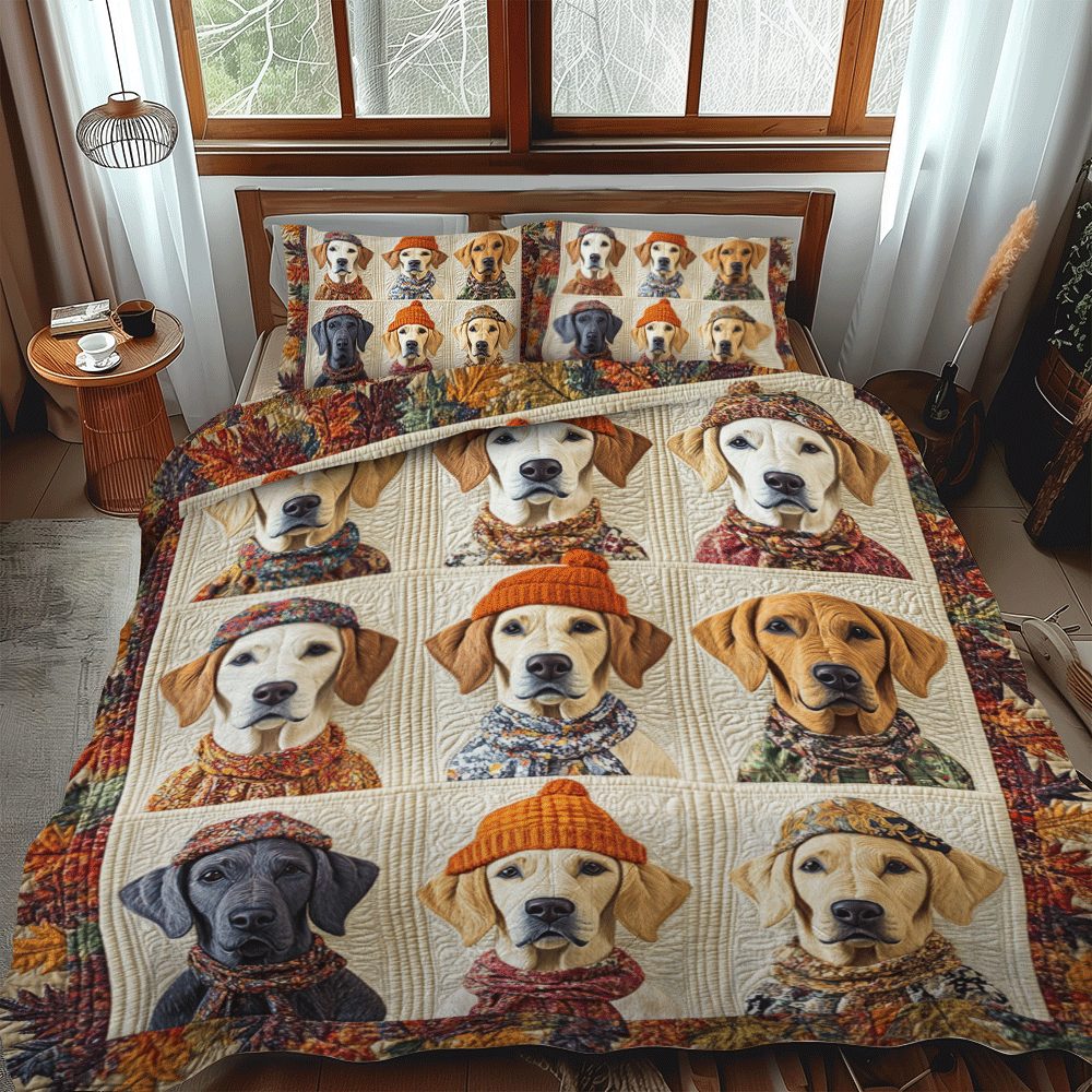 Warm And Fuzzy Labrador quilted 3-piece bedding set on a made bed with two matching pillow shams