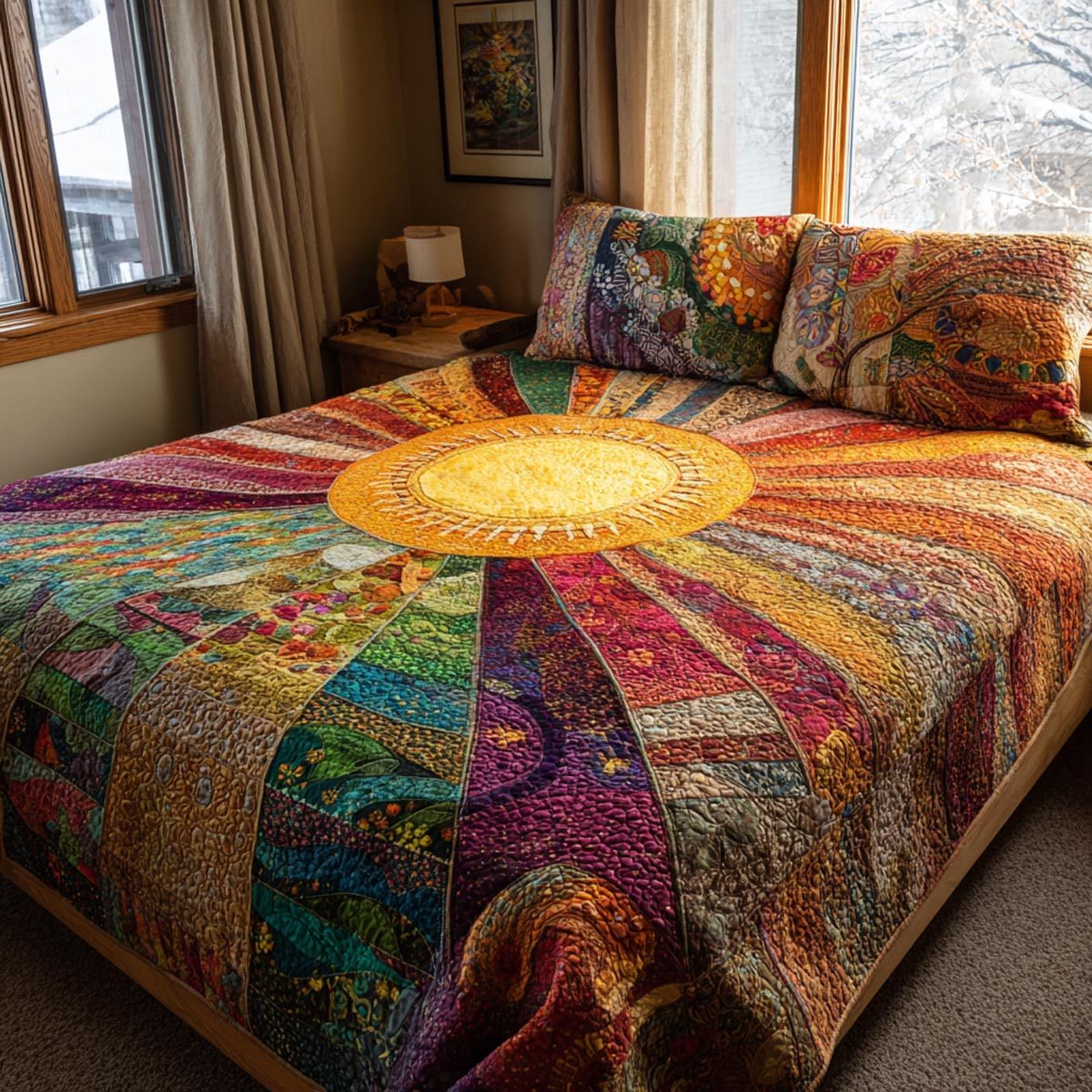 Warm Aura quilted 3-piece bedding set on a made bed with two matching pillow shams