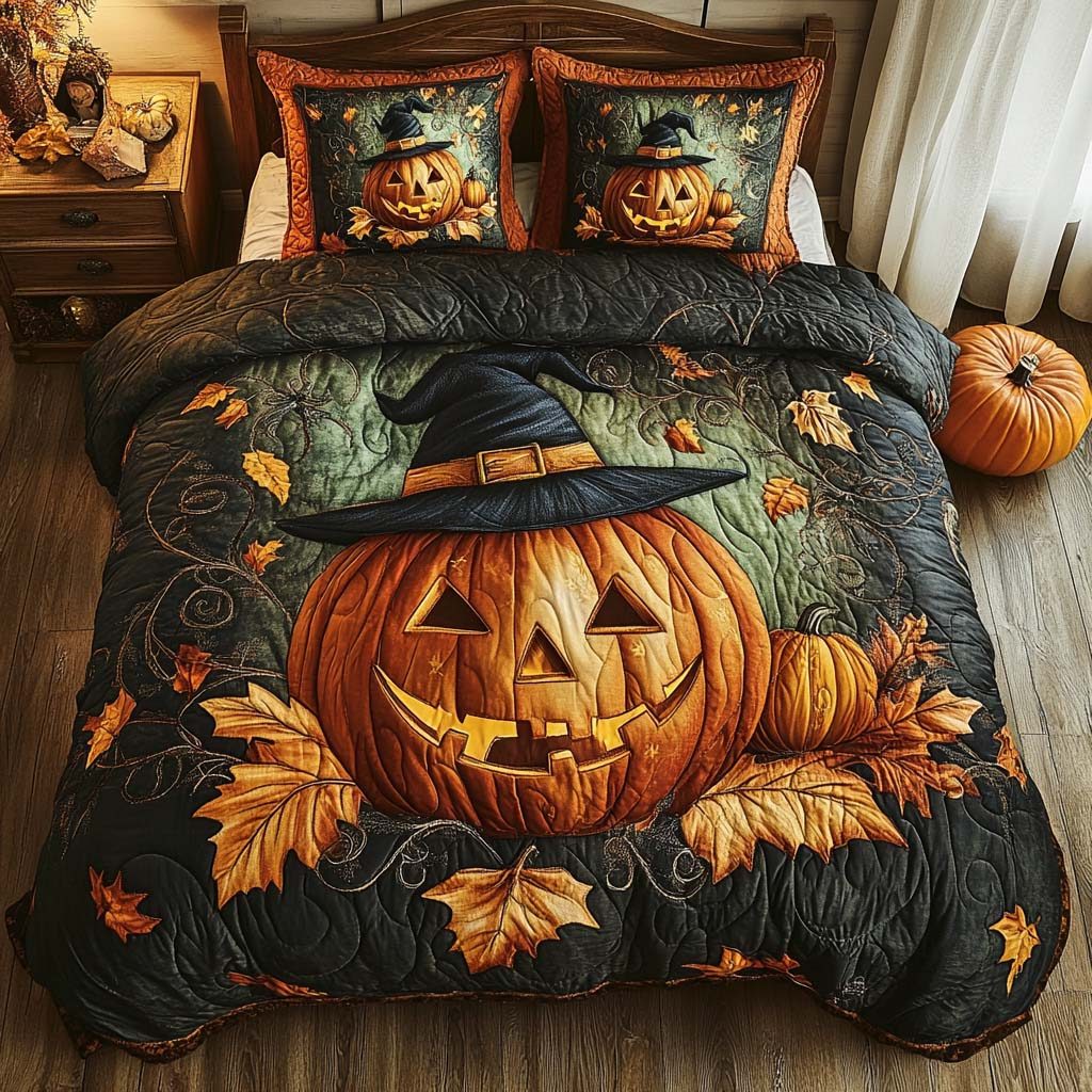 Warm Autumn Nights quilted 3-piece bedding set on a made bed with two matching pillow shams