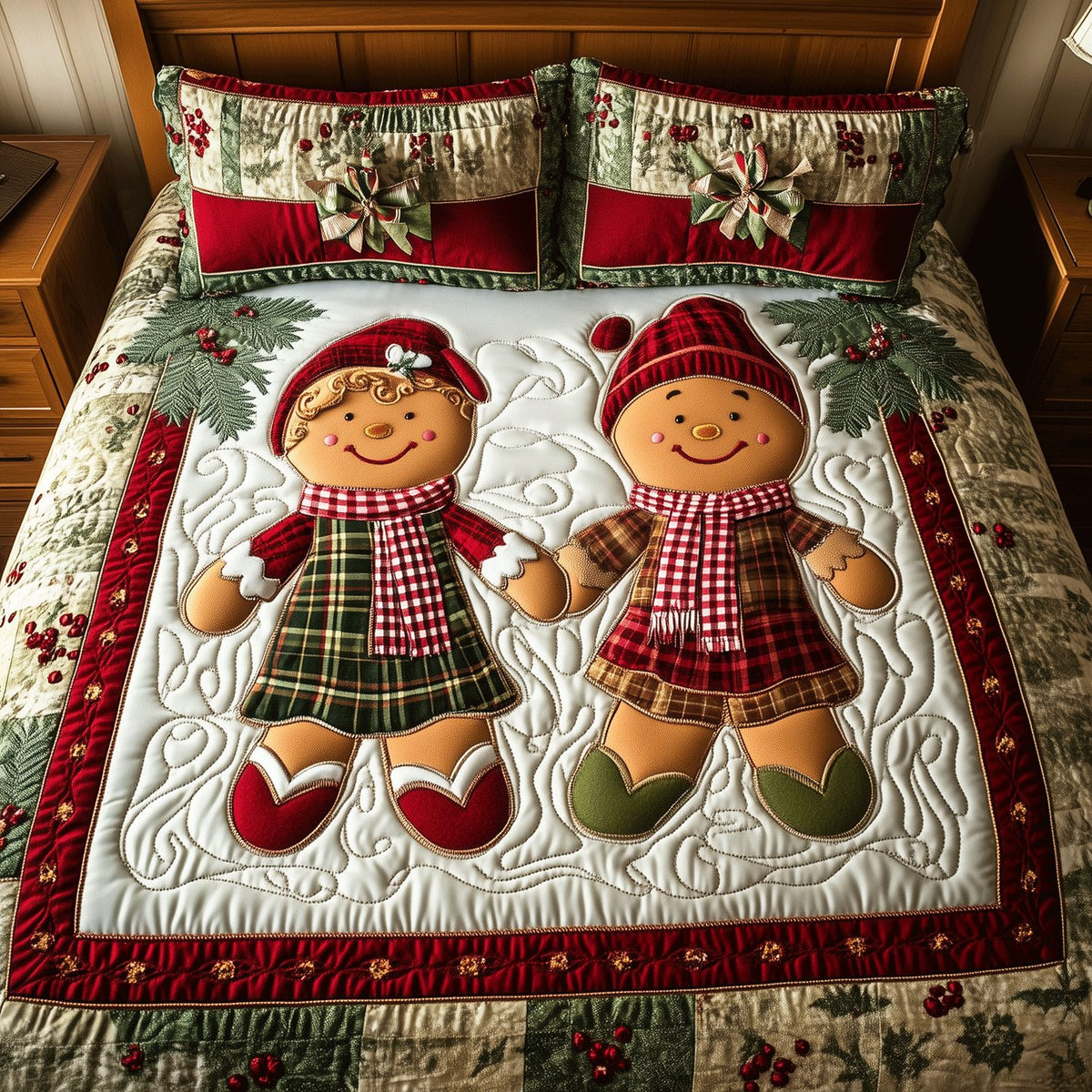 Warm Gingerbread Embrace quilted 3-piece bedding set on a made bed in a winter-styled bedroom
