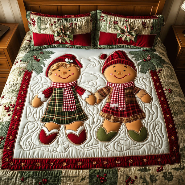 Warm Gingerbread Embrace quilted 3-piece bedding set on a made bed in a winter-styled bedroom