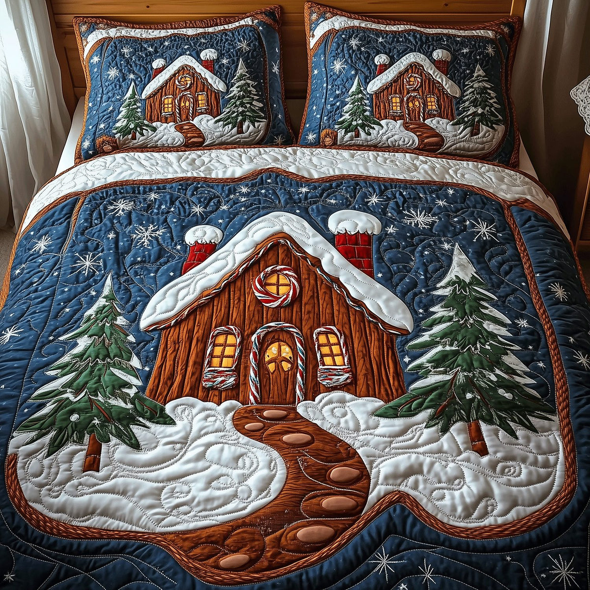 Warm Gingerbread Nights quilted 3-piece bedding set on a made bed in a winter-styled bedroom