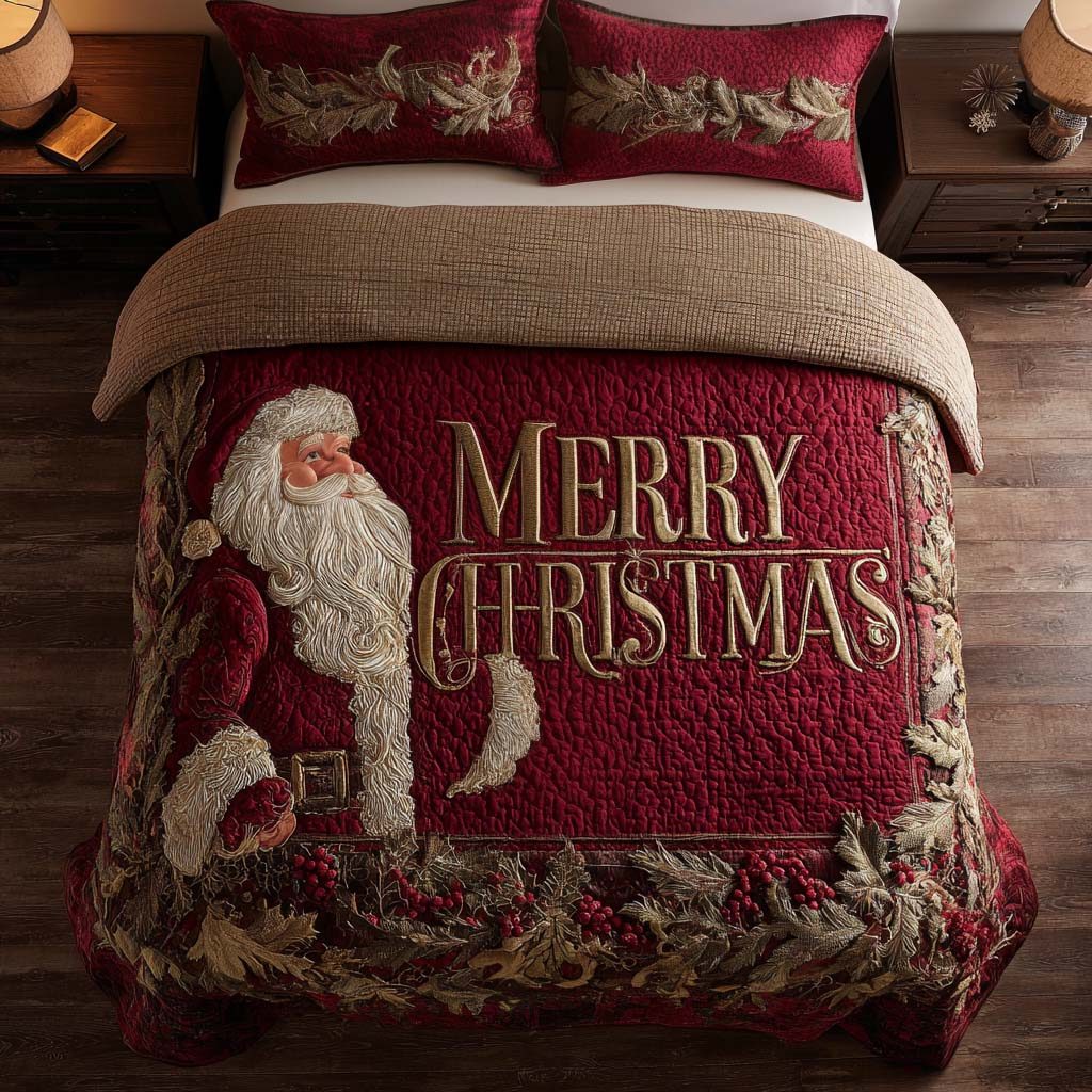 Warm Holiday quilted 3-piece bedding set on a made bed in a winter-styled bedroom