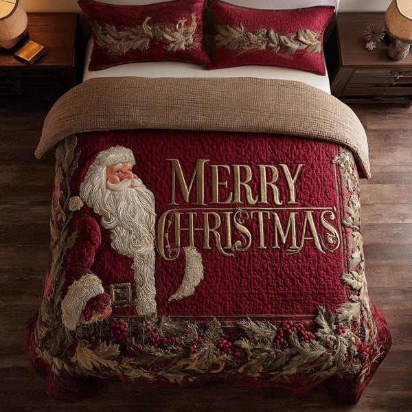 Warm Holiday quilted 3-piece bedding set on a made bed in a winter-styled bedroom