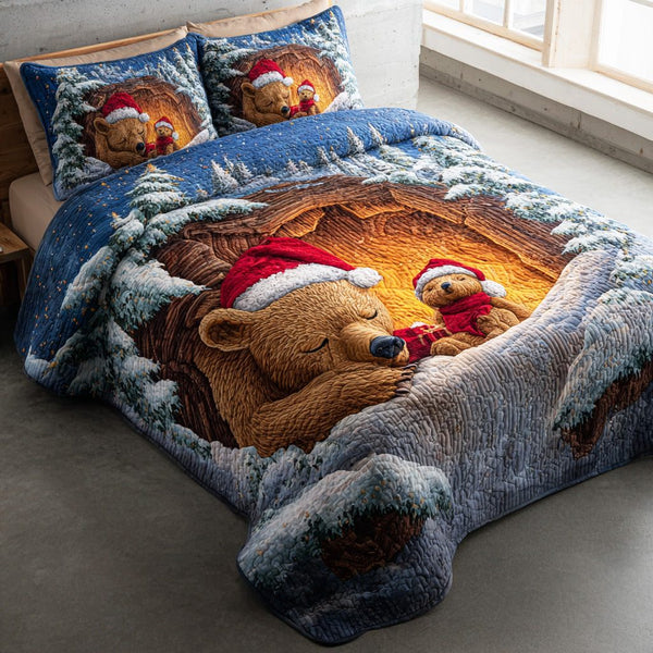 Warm Hug Bear quilted 3-piece bedding set on a made bed with two matching pillow shams