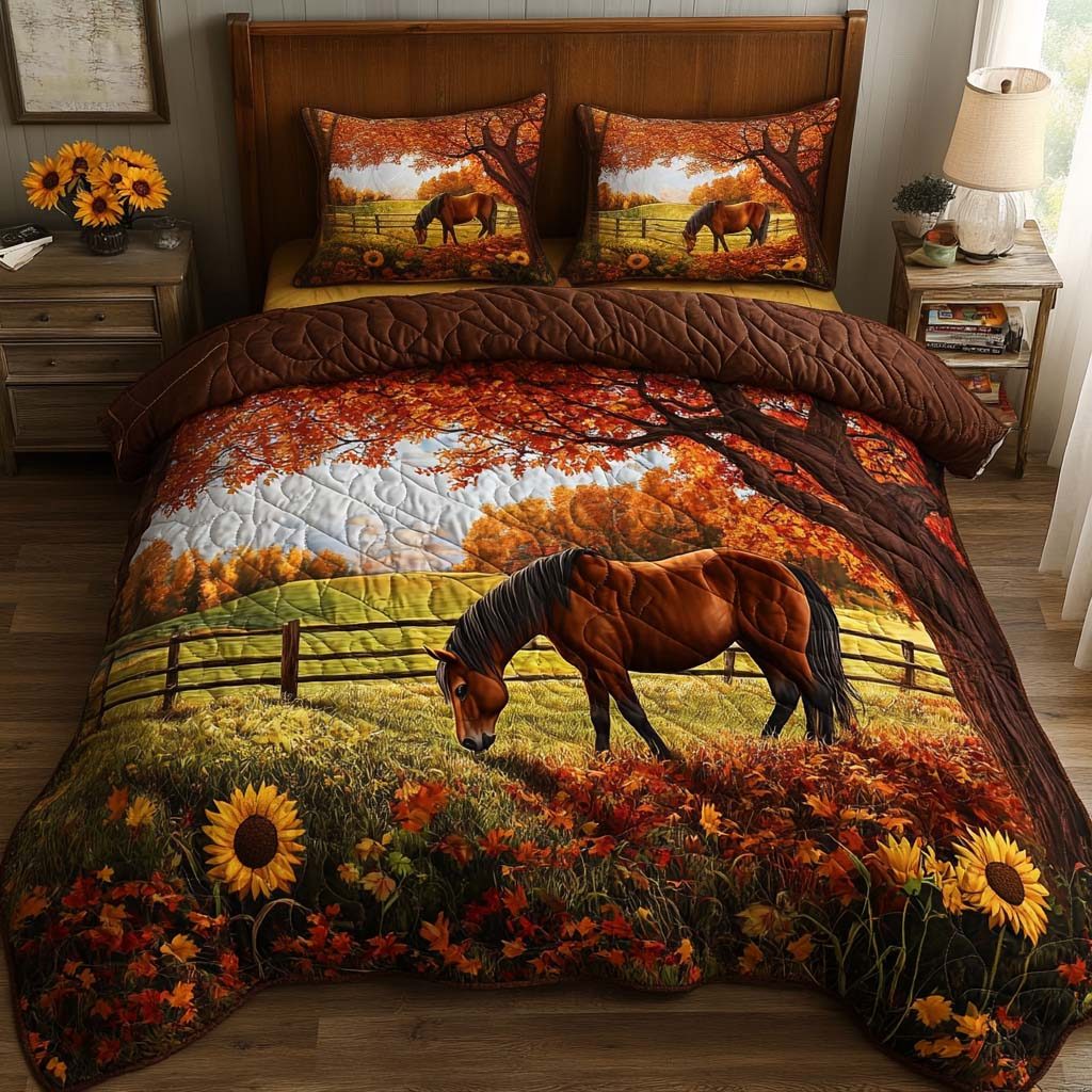 Warm Pastures quilted 3-piece bedding set on a made bed with two matching pillow shams