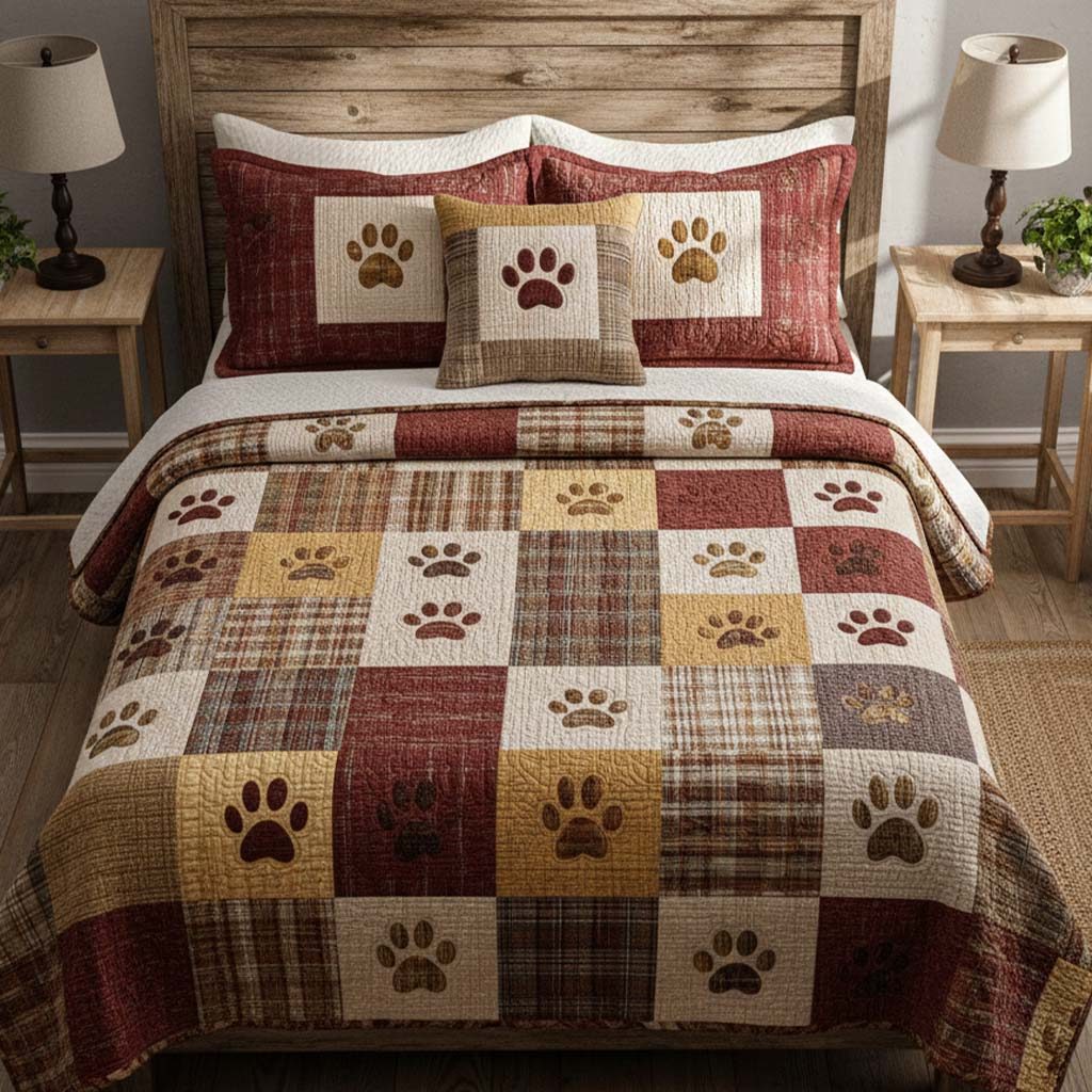 Warm Paw Blocks quilted 3-piece bedding set on a made bed with two matching pillow shams
