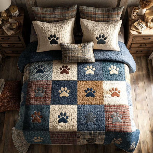 Warm Paw Lodge quilted 3-piece bedding set on a made bed with two matching pillow shams