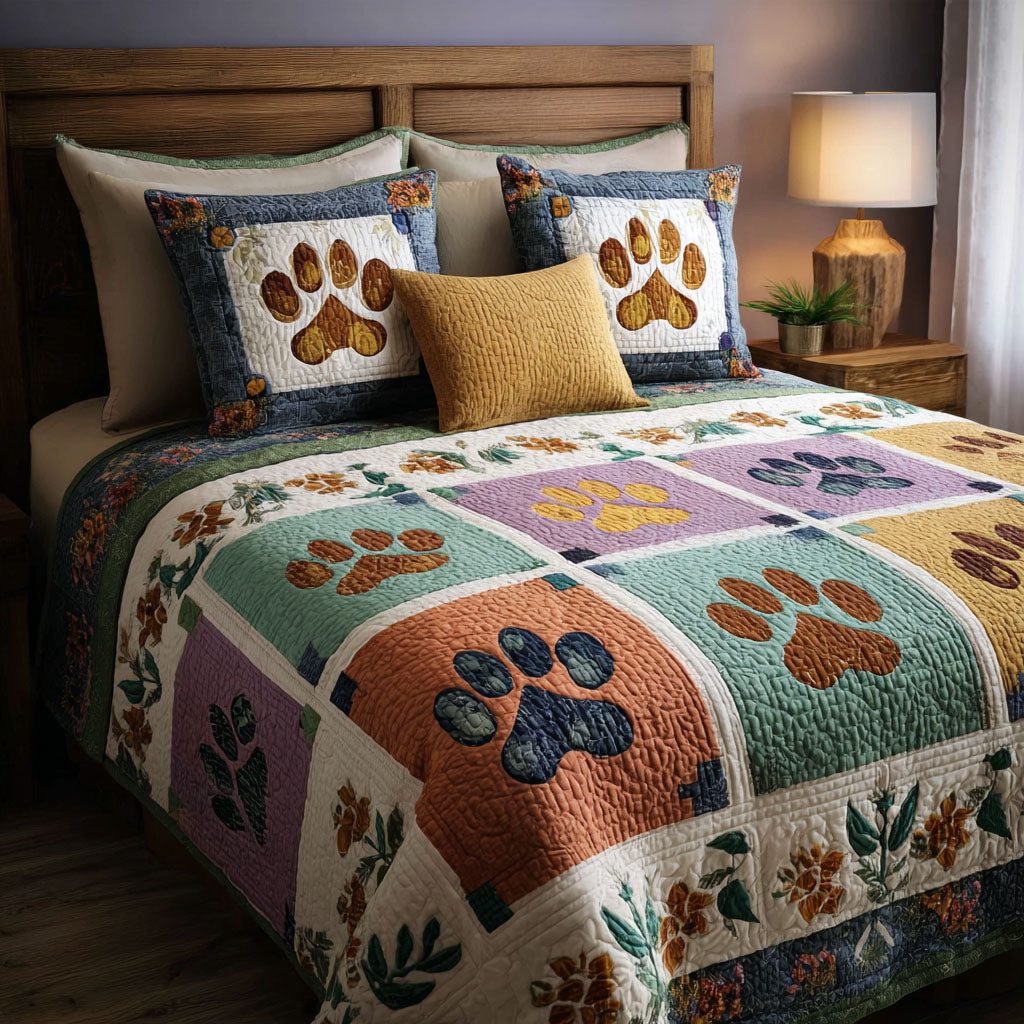 Warm Paw quilted 3-piece bedding set on a made bed with two matching pillow shams