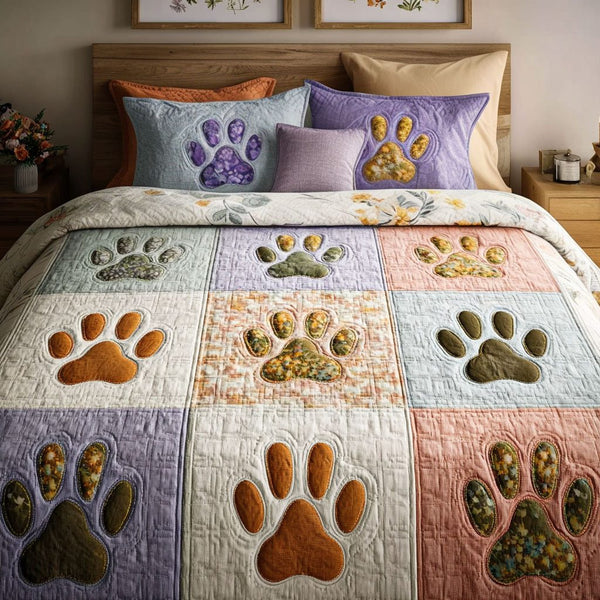 Warm Paws quilted 3-piece bedding set on a made bed with two matching pillow shams