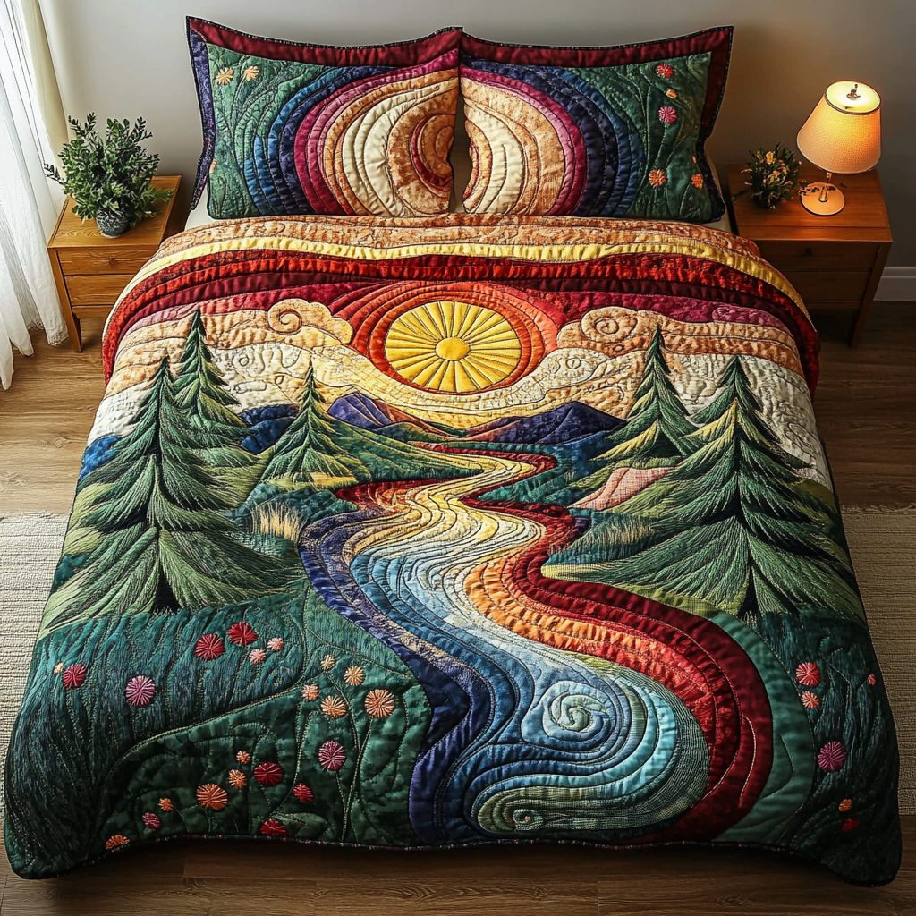 Warm Rays quilted 3-piece bedding set on a made bed with two matching pillow shams