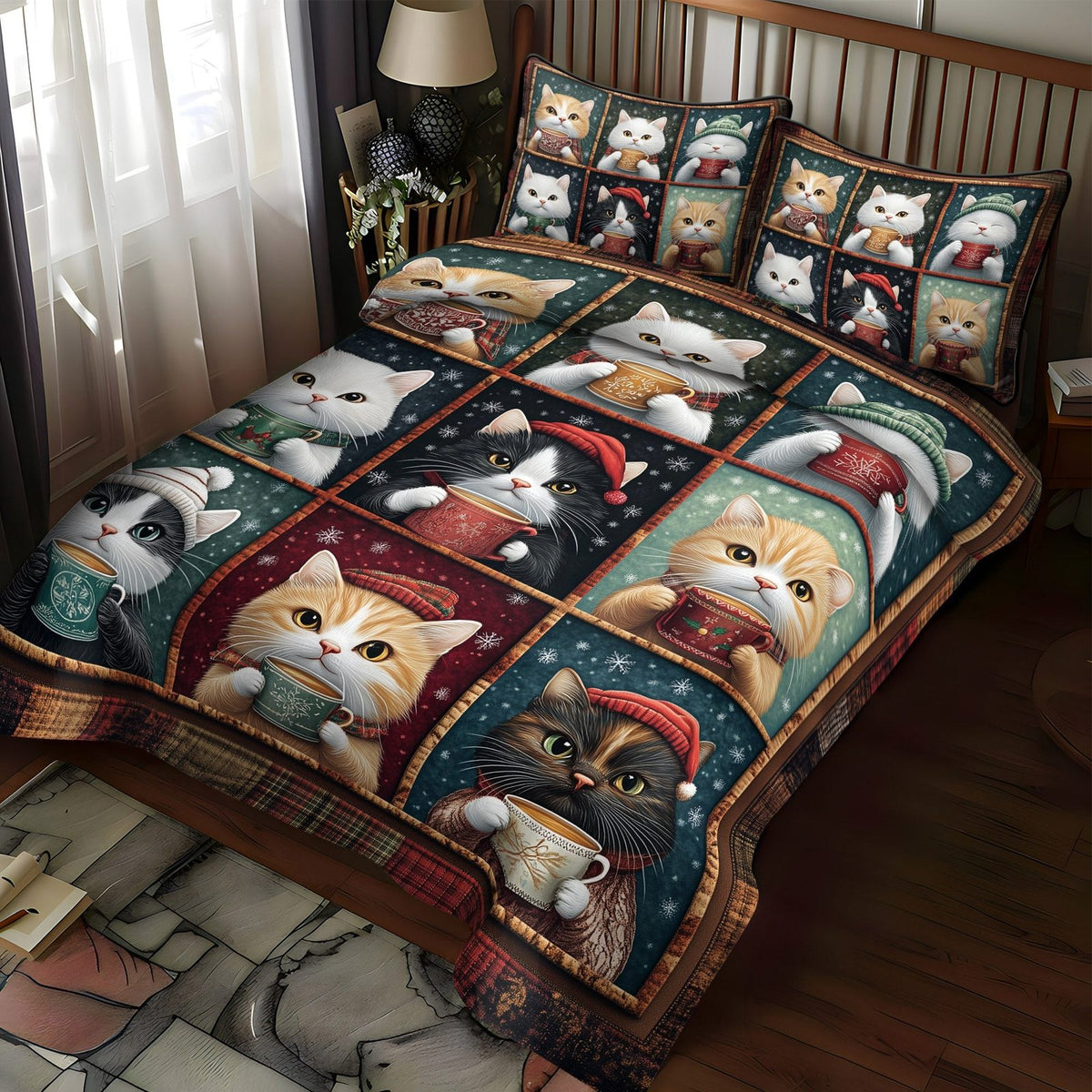 Warm Whiskers quilted 3-piece bedding set on a made bed with two matching pillow shams