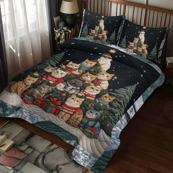 Warm Whiskers quilted 3-piece bedding set on a made bed with two matching pillow shams