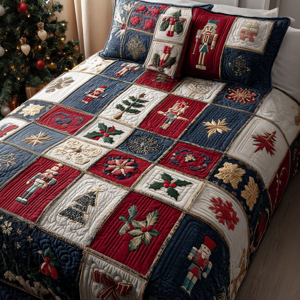 Warm Winter Wishes quilted 3-piece bedding set on a made bed in a winter-styled bedroom
