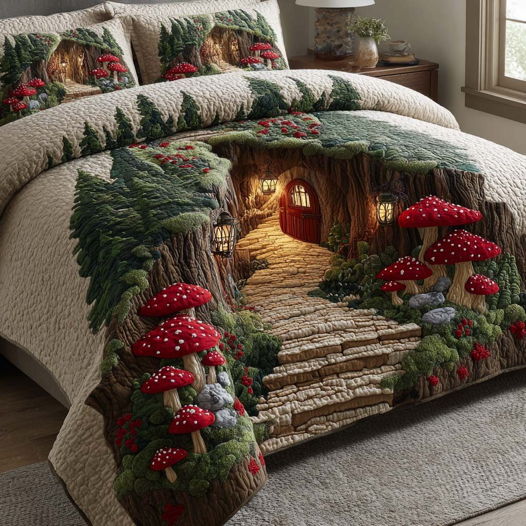 Warm Woodland quilted 3-piece bedding set on a made bed with two matching pillow shams