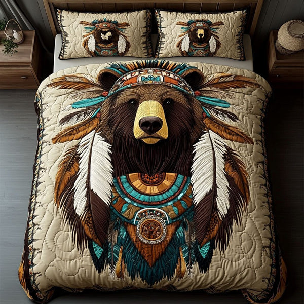 Warrior Bear quilted 3-piece bedding set on a made bed with two matching pillow shams