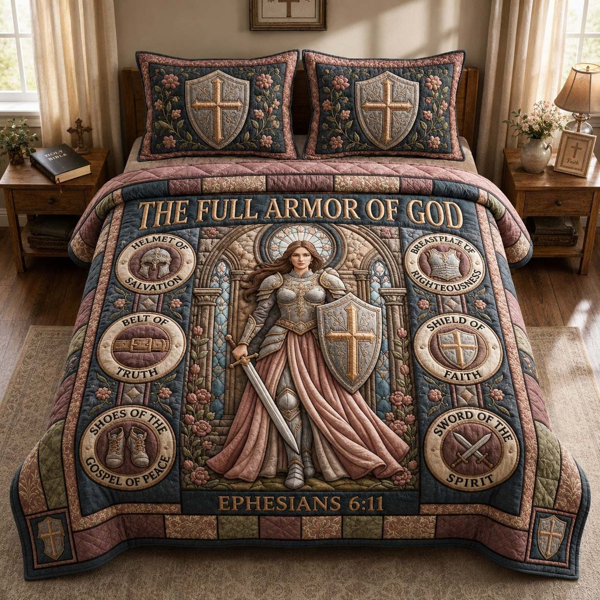 Warrior Faith Armor quilted 3-piece bedding set on a made bed in a softly lit bedroom