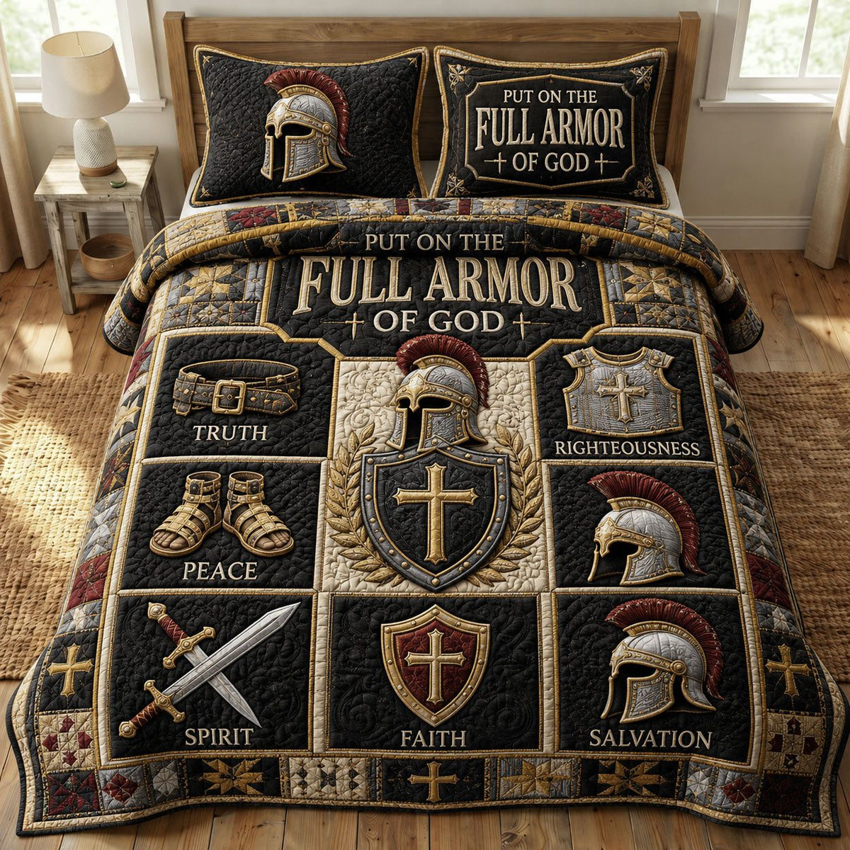 Warrior Faith Panels quilted 3-piece bedding set on a made bed in a softly lit bedroom