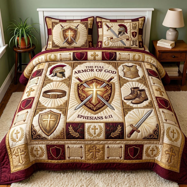 Warrior Faith quilted 3-piece bedding set on a made bed in a softly lit bedroom