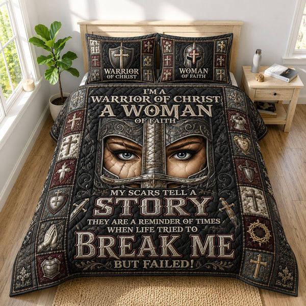 Warrior Of Christ quilted 3-piece bedding set on a made bed in a softly lit bedroom