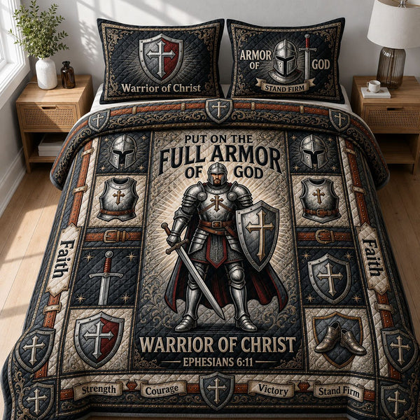 Warrior Of Christ quilted 3-piece bedding set on a made bed in a softly lit bedroom