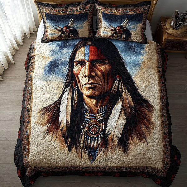 Warrior Spirit Dreams quilted 3-piece bedding set on a made bed with two matching pillow shams